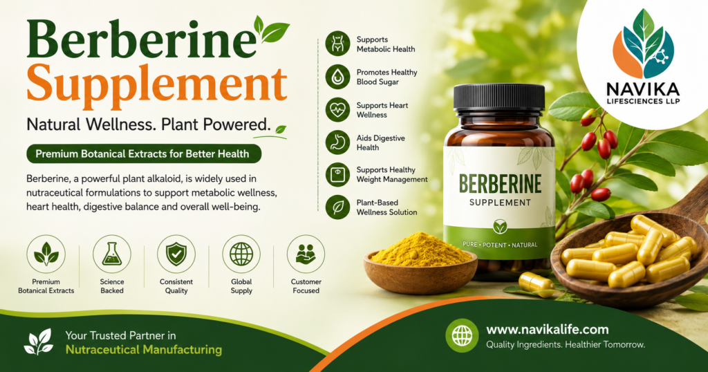 Berberine Supplement infographic featuring botanical extracts, herbal capsules, berberine powder, medicinal plants, and Navika Lifesciences branding for nutraceutical manufacturing.