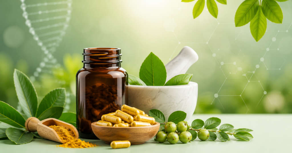 Natural berberine supplement with herbal capsules, botanical leaves, medicinal herbs, mortar and pestle, and botanical ingredients representing premium plant-based nutraceuticals.