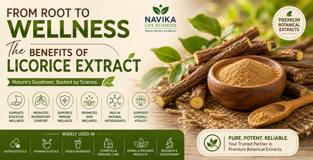 Premium Licorice Extract from Glycyrrhiza glabra showcasing natural botanical ingredients for nutraceutical, pharmaceutical, food, and cosmetic applications.