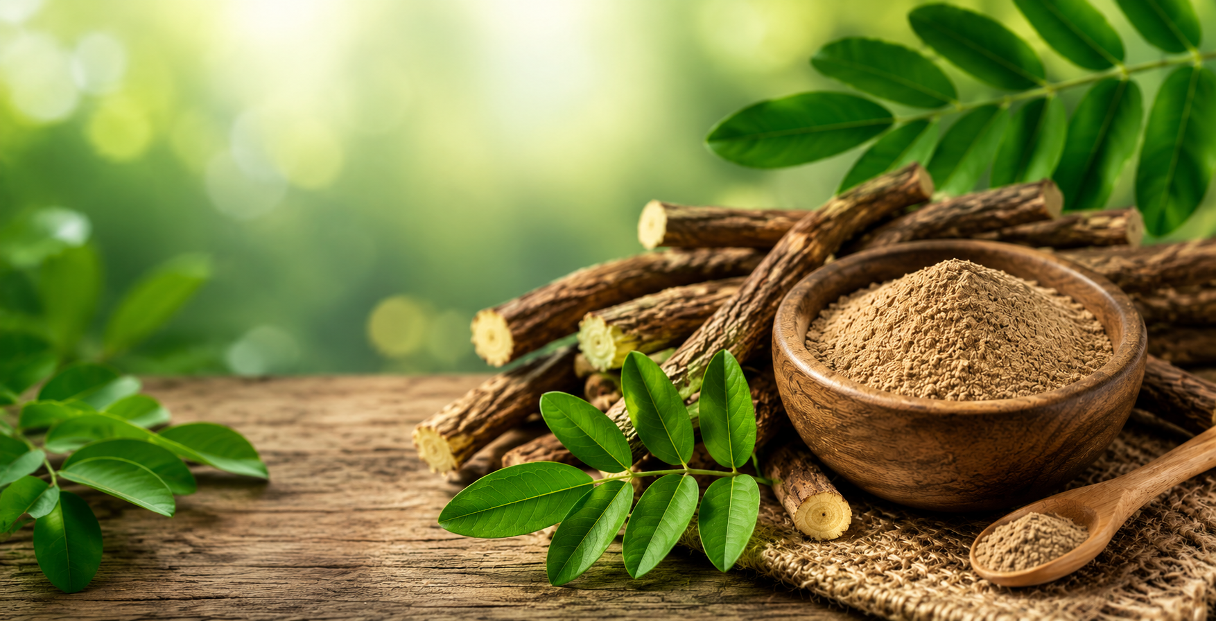 Premium Licorice Extract powder with licorice roots and fresh green leaves representing natural botanical ingredients for nutraceutical, pharmaceutical, and herbal wellness applications.